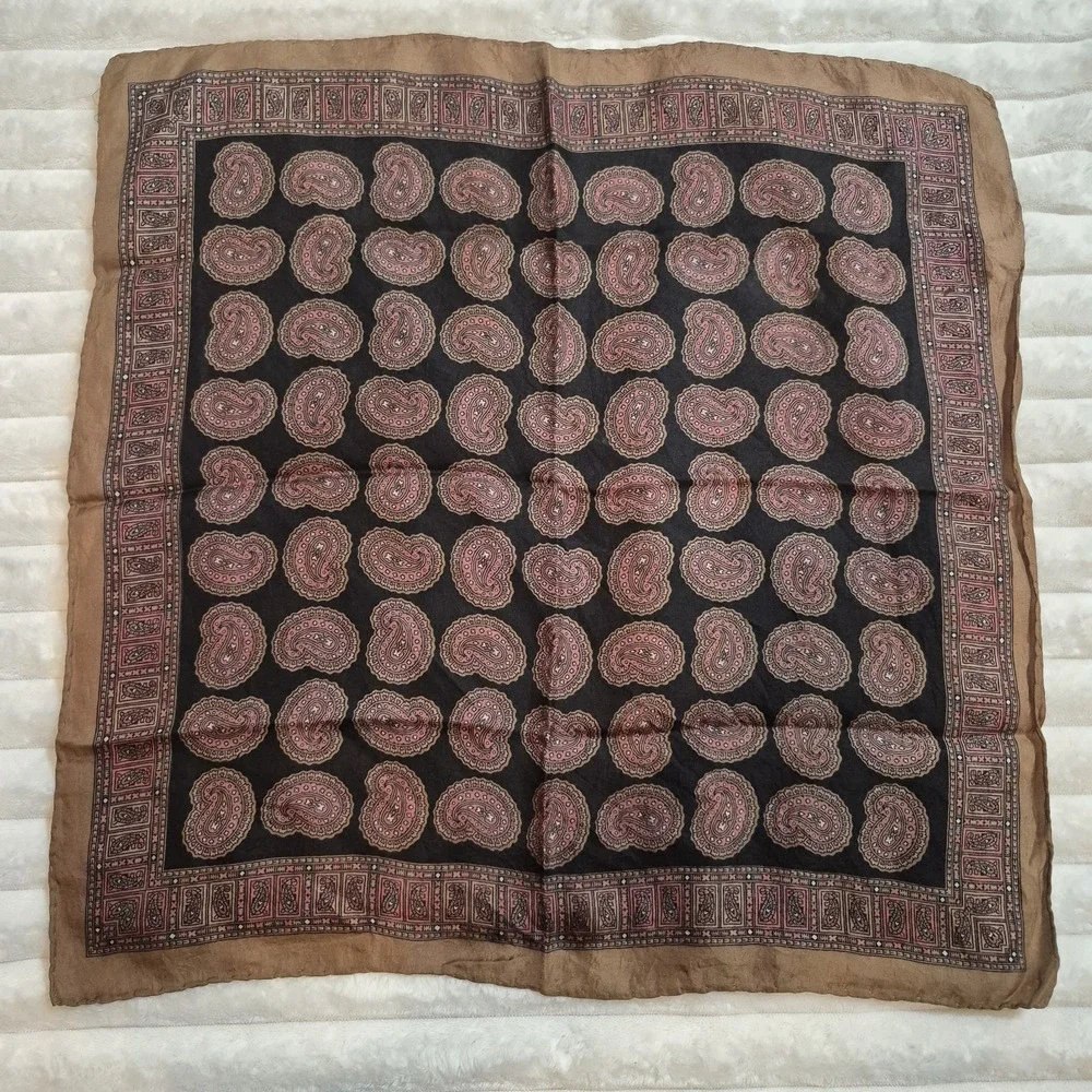 Vintage Silk Paisley Square Scarf Hand Rolled Hem Pink Tan Black 18x18